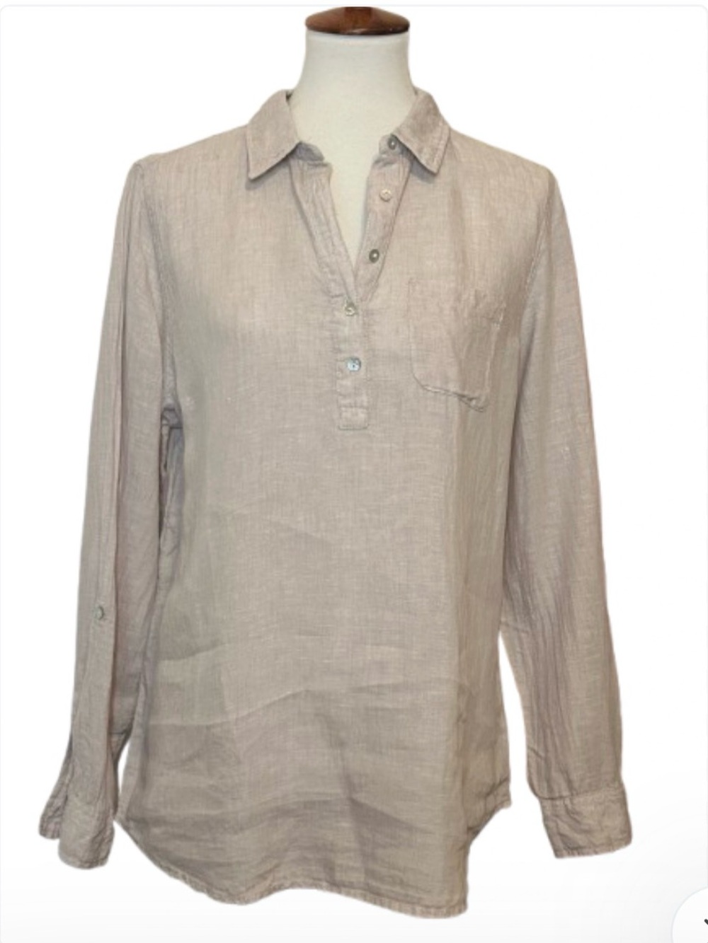 Linen Popover Taupe Tunic Length Roll Tab Sleeve Top Shirt L